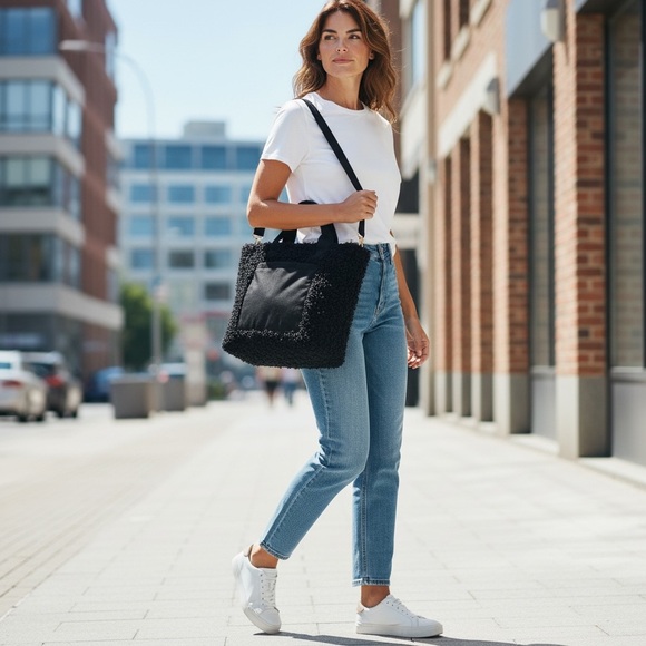 Sprigs Black Faux Fur Tote Bag | Casual Bag with Inside Laptop Sleeve Brand New - Picture 2 of 7